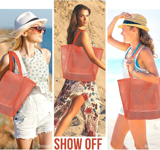 HOHOM Beach Bags for Women, Summer Travel Mesh Tote Bag with Large Inner Pocket, Sandproof Woven Shoulder Handbag