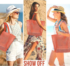 HOHOM Beach Bags for Women, Summer Travel Mesh Tote Bag with Large Inner Pocket, Sandproof Woven Shoulder Handbag