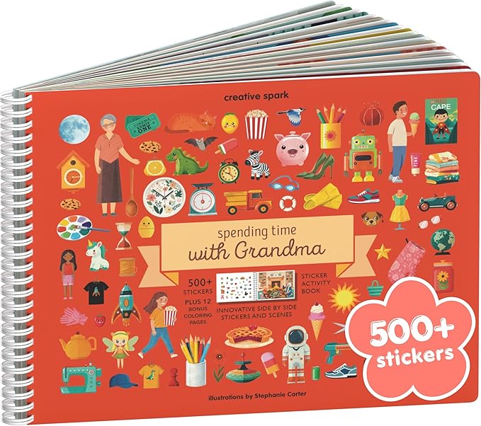 Spending Time with Grandma 500+ Kids Sticker Book by Cupkin Fun Toddler Travel Activity Coloring and Sticker Book, Road Trip Essentials, 12 Coloring Pages & Scenes for Ages 2–8 Years