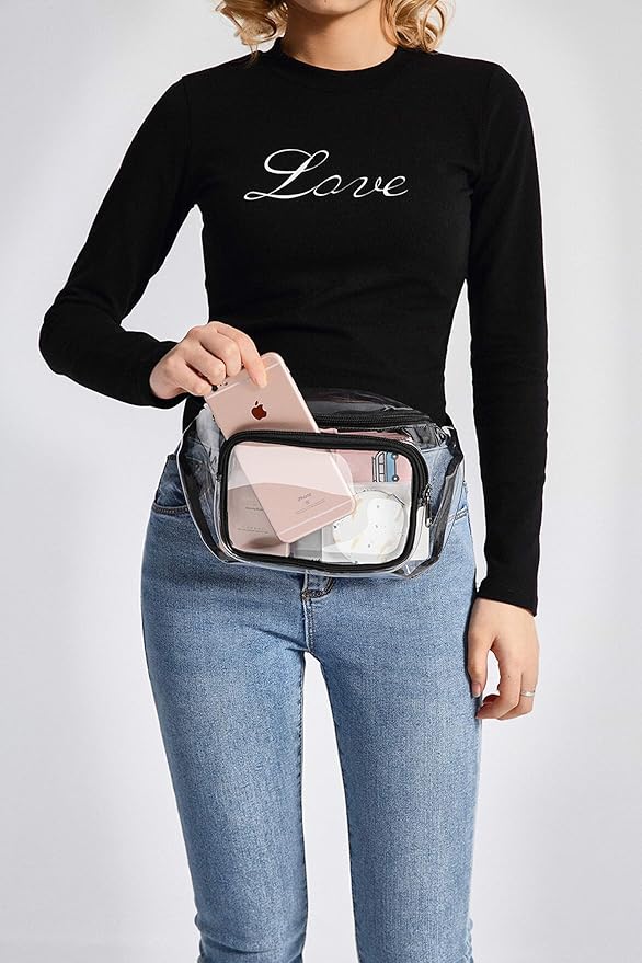 Veckle Clear Fanny Pack Stadium Approved - Adjustable 33-47 Inch Strap, Transparent Belt Bag for Women Men Fits 7.5-inch Smartphone, Waist Bag Clear Bag for Stadium Events, Sport, Concerts, Black