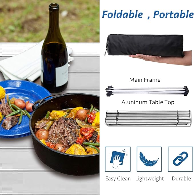 Grope Portable Camping Table with Aluminum Table Top, Folding Beach Table Easy to Carry, Prefect for Outdoor, Picnic, BBQ, Cooking, Festival, Beach, Home (Silver-L)