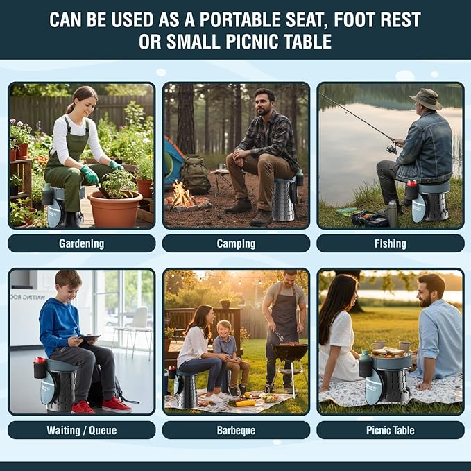 NUMANU 2026 Upgraded XXL Collapsible Stool & 3IN1 Cushioned Carry Bag, 2.7"-19.7" Height Adjustable, Max 1,000lbs Portable Retractable Telescoping Seat, Foldable Camping Stool for Adults (XXL Round)