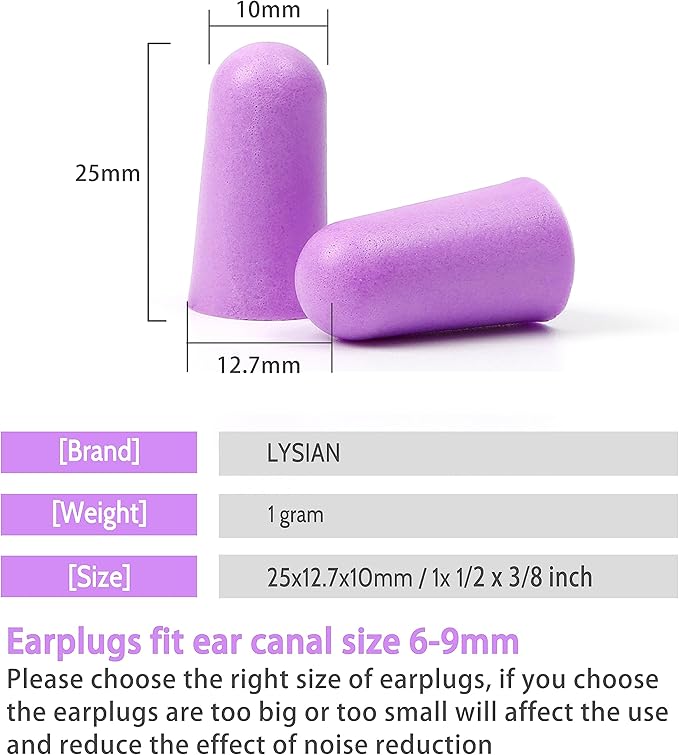 LYSIAN Ultra Soft Foam Earplugs for Sleeping, 38dB SNR Noise Reduction Ear Plugs for Snoring, Shooting, Study, Work and Travel, 60 Pairs, Purple