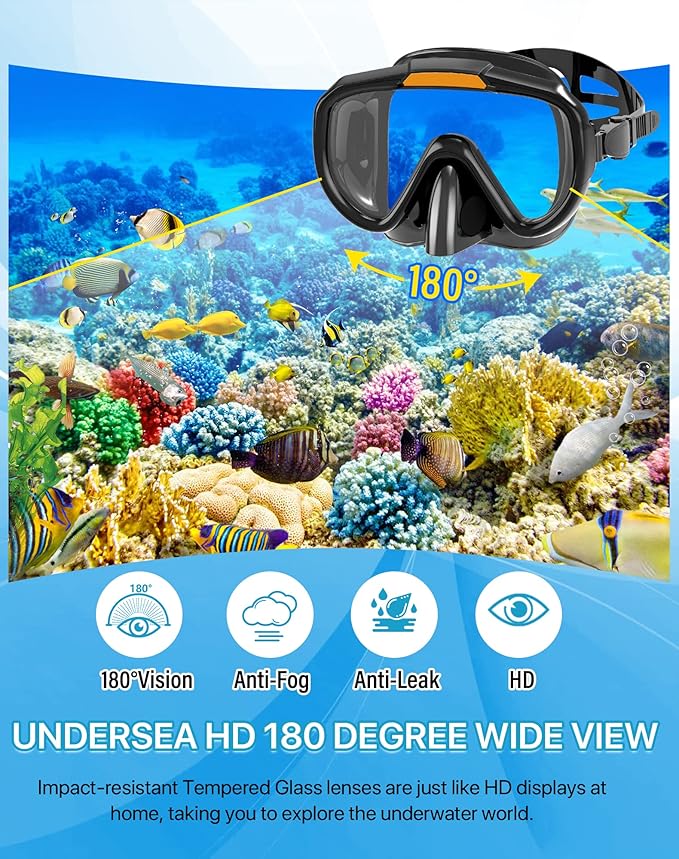 Ubekezele Snorkeling Gear for Adults Men Women,4 in 1 Snorkel Set with Panoramic View Diving Mask Anti-Fog Anti-Leak,Dry Top Snorkel,Fins and Travel Bag for Swimming,Snorkeling and Travel Diving