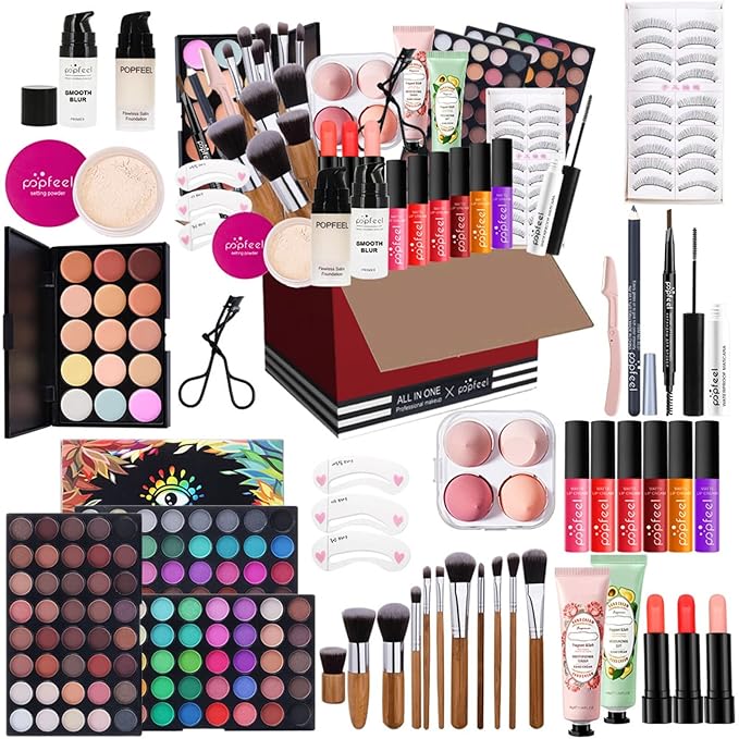 Pure Vie All-in-One Holiday Gift Surprise Makeup Set Essential Starter Bundle Include Eyeshadow Palette Lipstick Concealer Blush Mascara Eyeliner Face Powder Lipgloss Brush - Full Makeup Kit for Women