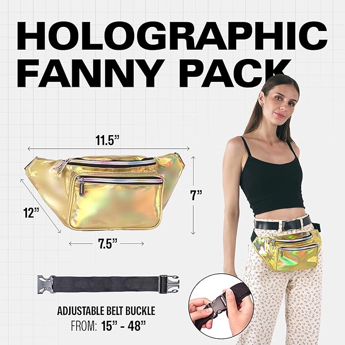 Holographic Fanny Pack Belt bag - Crossbody Waist Bag for Men or Women - Hands-Free, Waterproof Large Bumbag for Hiking, Running, and Travel (Gold)