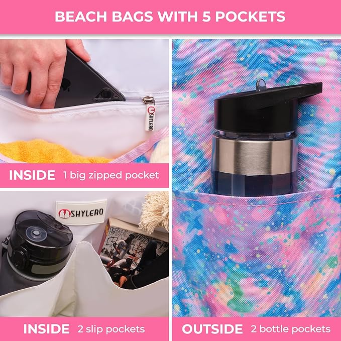 Beach Bag and Pool Bag Has Cooler Pocket, 7 Pockets Total, Zip Top. Family Size Waterproof Beach Tote
