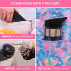 Beach Bag and Pool Bag Has Cooler Pocket, 7 Pockets Total, Zip Top. Family Size Waterproof Beach Tote