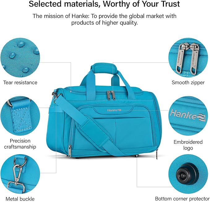 Hanke Small Travel Duffel Bag, Under Seat Carry On Personal Item Bag with 11 Pockets, Lightweight Water Resistant Foldable Weekender Bag with Trolley Sleeve for Travel Gym Daily Use（Caribbean Blue）