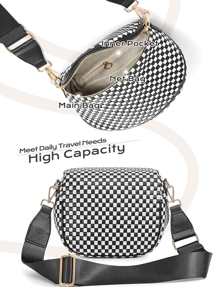 Trendy Woven Checkered Crossbody Bum Bag for Women，PU Leather Checkered Purse Fanny Packs Belt Bag (Woven Bum Bag - Black)