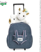 【Upgraded】Toddler Luggage for Girls w Removable Unicorn Toy | Side & Inner Pockets, Reflective Logo, Name Tag, Sparkly Denim | Kids Rolling Backpack | Travel & Birthday Gifts for 3 4 5 6 Year Old
