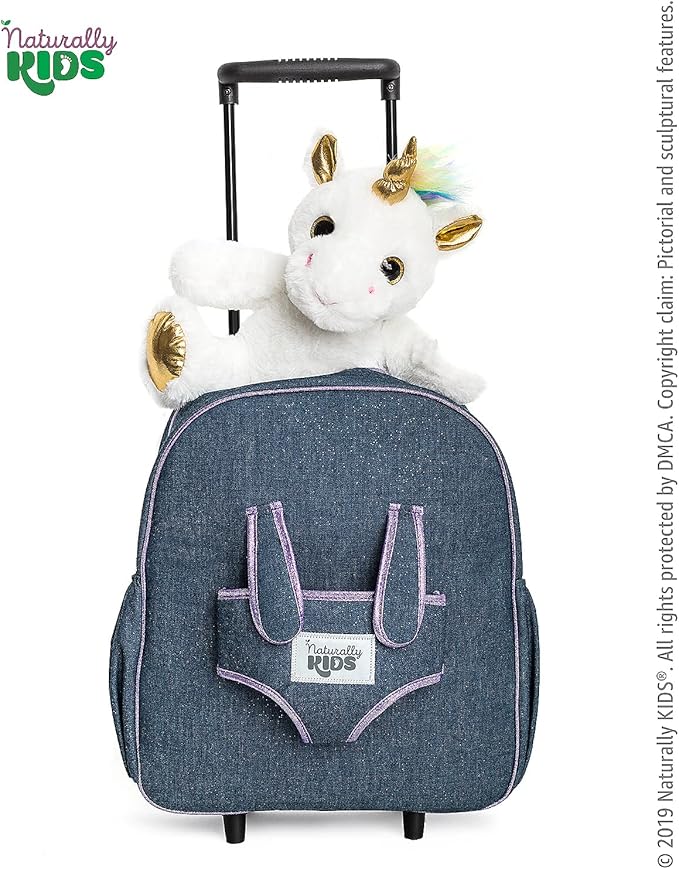【Upgraded】Toddler Luggage for Girls w Removable Unicorn Toy | Side & Inner Pockets, Reflective Logo, Name Tag, Sparkly Denim | Kids Rolling Backpack | Travel & Birthday Gifts for 3 4 5 6 Year Old