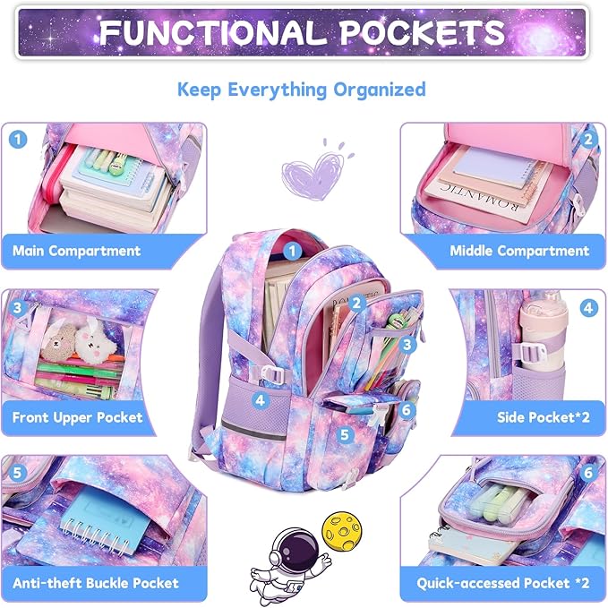 PIG PIG GIRL Backpack for Girls 3pcs Set Kids Backpack with Lunch Box Students Kawaii Book Bag for Elementary Primary Middle School Bags - Ita Backpack - Galaxy