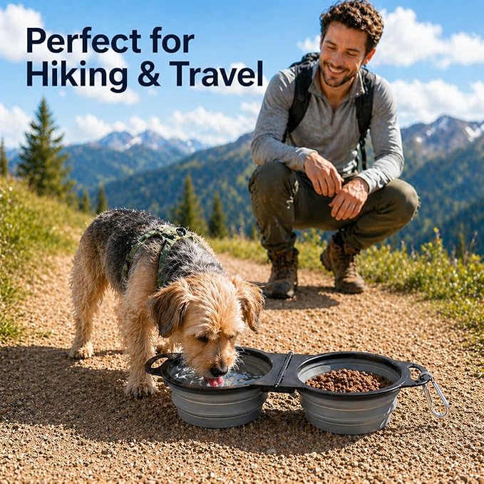 Collapsible Dog Bowls with Carabiner, Double Portable Travel Pet Bowls for Food and Water, Foldable Silicone Dog Bowl for Walking, Hiking, Camping, Small Medium Dogs and Cats,Gray
