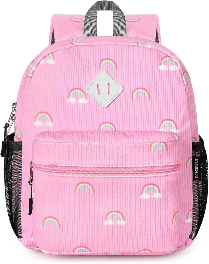 STEAMEDBUN Corduroy Toddler Backpack for Girls 2-4, Kids Preschool Backpack for Kindergarten - Rainbow