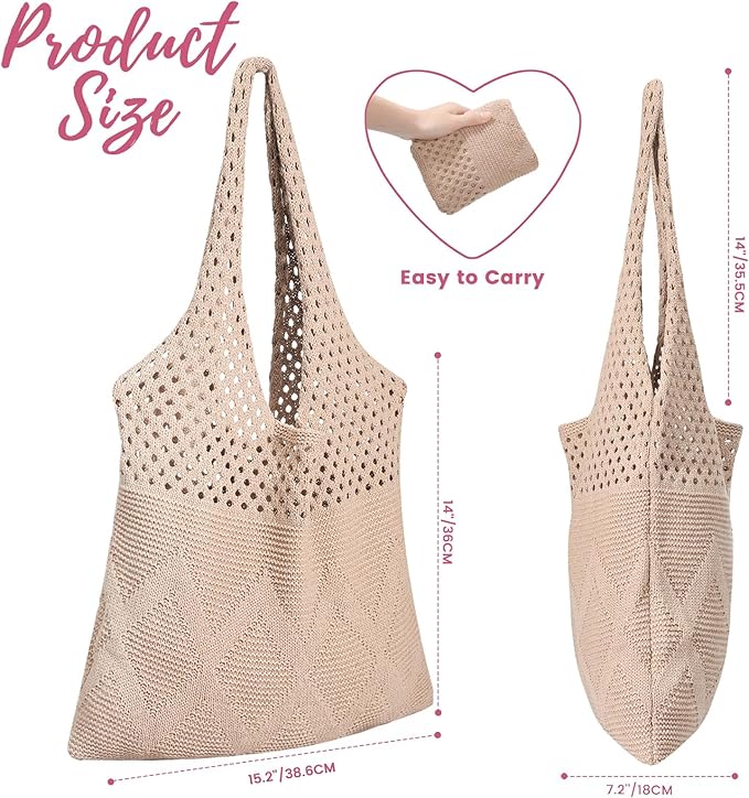 Pleneal Crochet Tote Bag, Mesh Beach Bag, Knitted Shoulder Beach Bags for Women Vacation Aesthetic Hobo Tote Bags