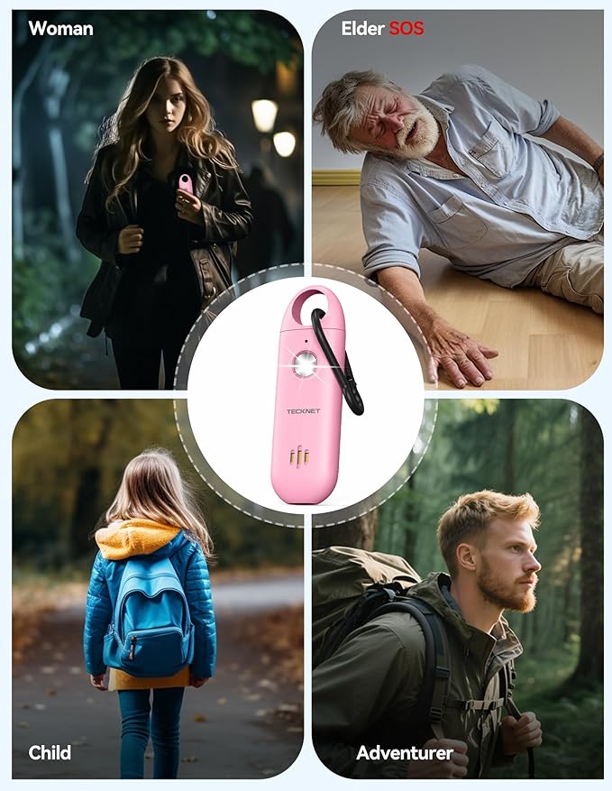 TECKNET Personal Safety Alarm,Portable Personal Alarm for Women with Flashing Strobe Light & Low Battery Alert,130dB Rechargeable Emergency Keychain Alarms for Women ,Men,Kids,Seniors(Pink)