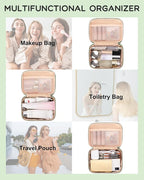 Relavel Travel Makeup Bag, Cosmetic Bag for Girls with 2 Makeup Brush Holders, Portable Makeup Pouch for Women, Cute Toiletry Bag with Double Layer Organizer - Green