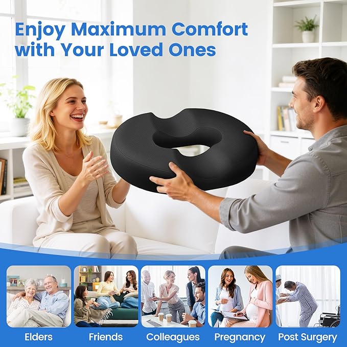 Donut Pillow for Tailbone Pain, Hemorrhoids - Cooling Gel Memory Foam Chair Seat Cushion for Office, Home & Wheelchair, Ergonomic Chair Pad for Pregnancy, Sciatica, Coccyx (XL, Black)