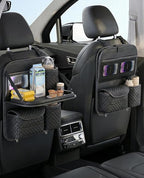 PU Leather Backseat Car Organizer with Foldable Tray & Tablet Holder, Luxury Diamond Stitching Design, Universal Car Seat Storage Organizer for Kids & Family Travel Accessories, Black