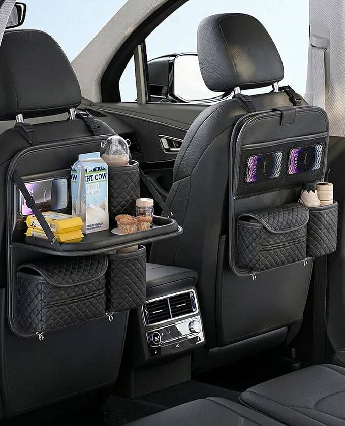 PU Leather Backseat Car Organizer with Foldable Tray & Tablet Holder, Luxury Diamond Stitching Design, Universal Car Seat Storage Organizer for Kids & Family Travel Accessories, Black