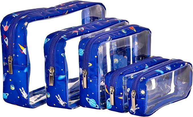 Remobia Hicol TSA Approved 5-Piece Diaper Bag Organizer Pouch Set Clear Waterproof TPU Kids Toiletry Storage Set Travel Packing Clutch Cube Bags for Baby Nursing(Astronaut)