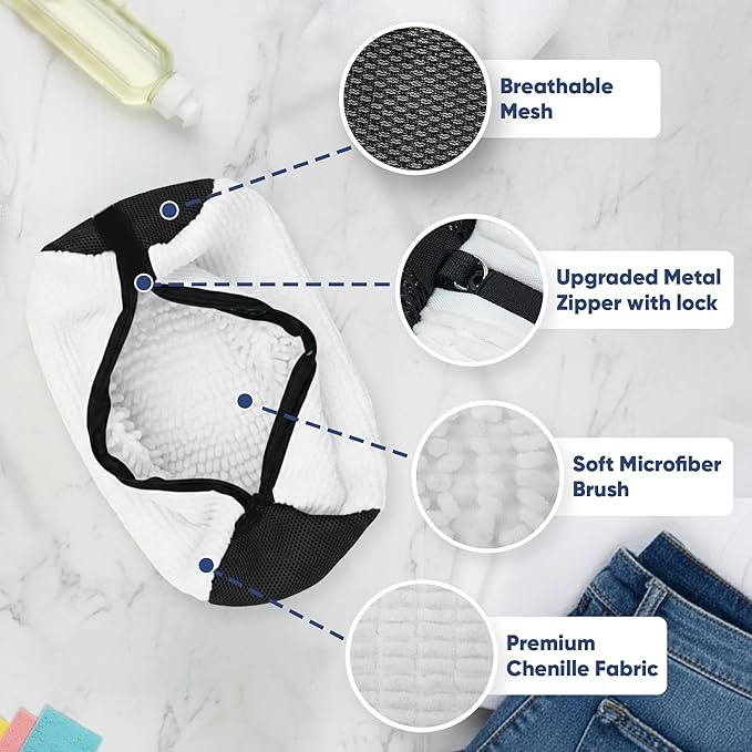 Shoe Washing Machine Bag – 2 Pcs Reusable Laundry Shoe Bag, 360° Deep Cleaning Sneaker Washing Bag, Durable Mesh Net with Zipper Protection, Fits All Shoe Types & Sizes (White, 14.8 × 7.4 Inches)