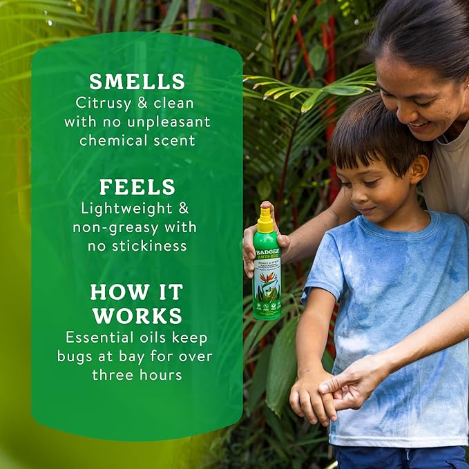 Badger Bug Spray, 3-Hour DEET-Free Mosquito Repellent, Family Friendly, Citronella & Organic Essential Oils, Natural & Vegan Insect Repellent Spray, 8 fl oz Family Size Aluminum Bottle