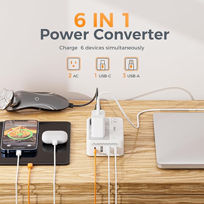TESSAN 220V to 110V Voltage Converter, Universal Travel Power Adapter Combo with International Plug (Type C/G/D/I/L), 2AC 4 USB Ports(1 USBC)，230W Max Step Down Transformer for US to Europe
