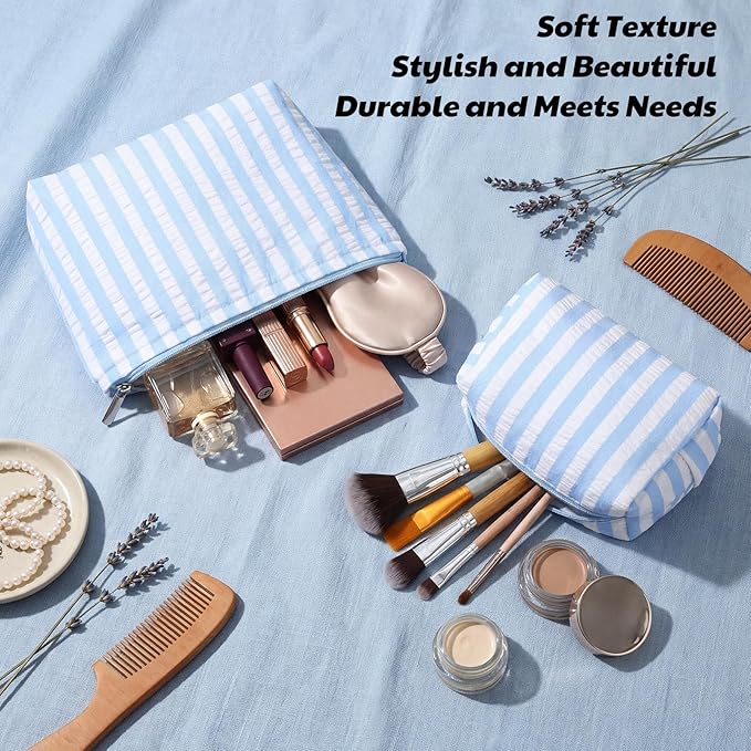 Huhumy 2 Pcs Makeup Bag Set Cute Cosmetic Pouch for Women Seersucker Travel Toiletry Bag Preppy Small Makeup Purse Pouch Aesthetic Skincare Brushes Storage Organizer for Valentine Women(Blue Wide)