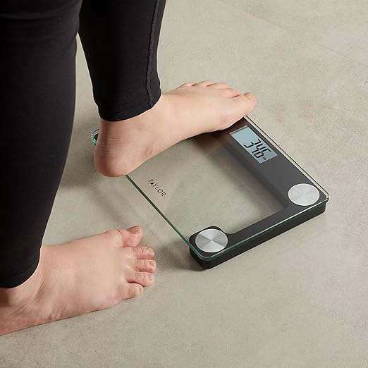 Taylor Digital Bathroom Scale for Body Weight with Travel Bag - Clear Glass Platform, 400 lb Capacity, Stainless Steel Accents, Triplex Display