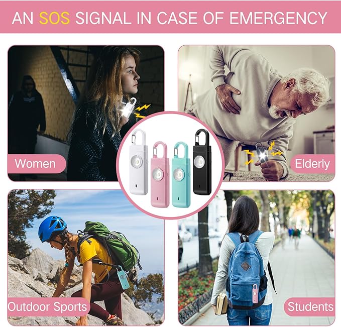 Tellegloww 6 Pcs Rechargeable Personal Safety Alarm for Women, 130db Personal Alarm Protection Keychains Loud Siren with LED Self Defense Keychain for Senior Mom Gift(White,Pink,Blue,Black,Snap)