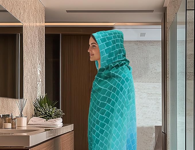 COTTON CRAFT Hooded Beach Towel – Oversized 35 x 70 Towel with Hood for Adults - 100% Cotton Velour Terry Jacquard Towel - Pool Bath Wrap - 450 GSM Soft Absorbent Quick Dry – Blue Tiles