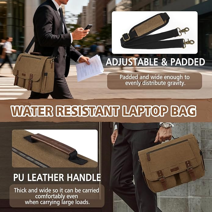 RAINSMORE Messenger Bag for Men 15.6-17.3 Inch Laptop Bag Water-resistant Canvas Briefcase Computer Satchel for Work College