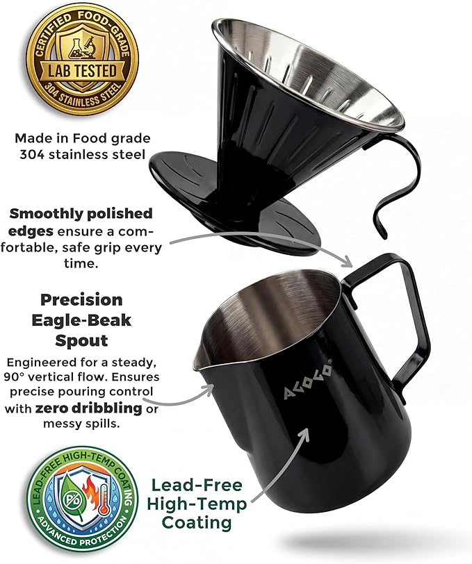 AGOGO Pour Over Coffee Maker Set - Unbreakable 304 Stainless Steel V60 Dripper & Server for Camping & Home, Includes 50 Paper Filters & Barista Towel - Black - 20oz