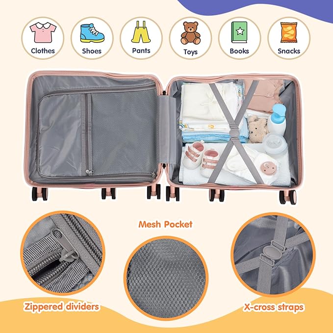 smilesun Kids Ride-On Luggage, 20" Hardshell Carry-On Suitcase with 6 Spinner Wheels, Foldable Pedal, Hidden Cup Holder & Combination Lock for Toddlers & Children (Light Pink, 20-inch)
