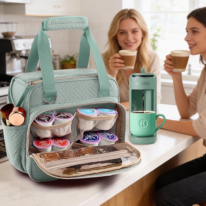 BAGSPRITE Coffee Maker Travel Bag Compatible with Keurig K-Mini Mate, Full Open Carrying Case with Quilted Padded Soft Microfiber, K--Cup Single Serve Coffee Maker Bag with Pod Organizer, Mug Pockets