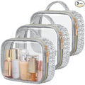 PACKISM TSA Approved Toiletry Bag - 3 Pack Ruched Textured Clear Makeup Bag, Metallic Silver, with 180° Large Opening and Supporting Frame, Perfect for Travel Essentials, Thick No Smell