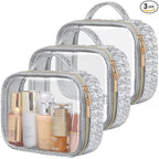 PACKISM TSA Approved Toiletry Bag - 3 Pack Ruched Textured Clear Makeup Bag, Metallic Silver, with 180° Large Opening and Supporting Frame, Perfect for Travel Essentials, Thick No Smell