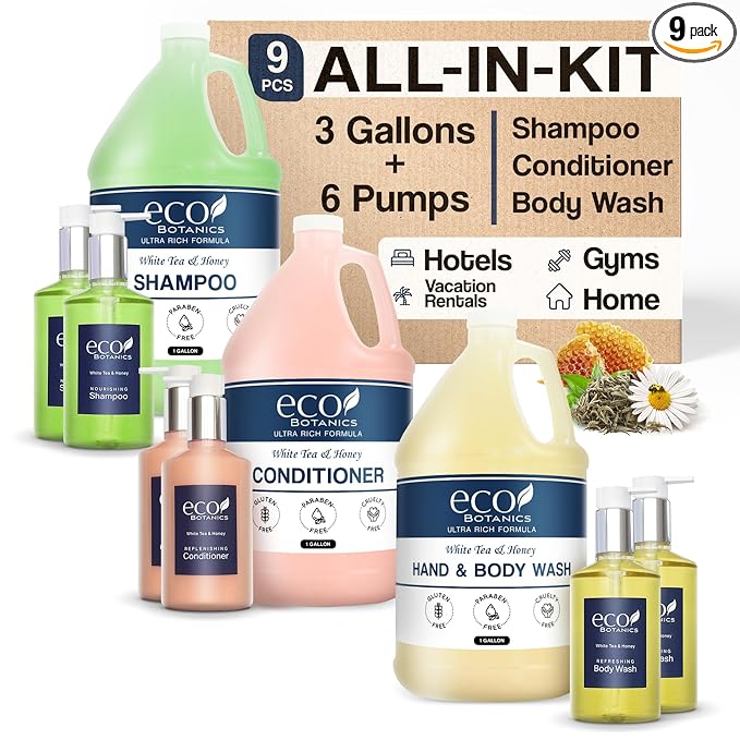 Terra Pure | Eco Botanics Gallon & Dispenser Set | 1-Shoppe Hotel Amenities Kit | Shampoo, Conditioner, Body Wash Gallon | Refillable 10.14oz Matching Pump Bottles