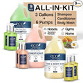 Terra Pure | Eco Botanics Gallon & Dispenser Set | 1-Shoppe Hotel Amenities Kit | Shampoo, Conditioner, Body Wash Gallon | Refillable 10.14oz Matching Pump Bottles
