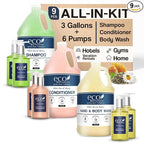Terra Pure | Eco Botanics Gallon & Dispenser Set | 1-Shoppe Hotel Amenities Kit | Shampoo, Conditioner, Body Wash Gallon | Refillable 10.14oz Matching Pump Bottles