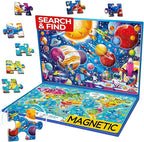 QUOKKA Magnetic Puzzles for Kids Ages 4-6 – 100 PCS Magnetic Puzzle Book for Toddlers 3-5 – 2 Puzzles & 2 Spot The Difference Maps – Search & Find Travel Games – Space, World Map Toddler Travel Toys