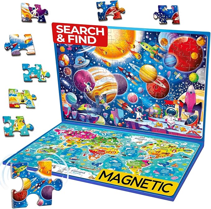 QUOKKA Magnetic Puzzles for Kids Ages 4-6 – 100 PCS Magnetic Puzzle Book for Toddlers 3-5 – 2 Puzzles & 2 Spot The Difference Maps – Search & Find Travel Games – Space, World Map Toddler Travel Toys