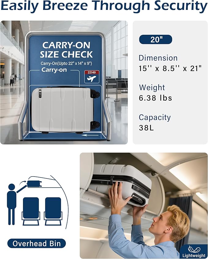 Coolife Carry On Luggage 22x14x9 Airline Approved Hardside PC+ABS Suitcase with TSA Lock, Lightweight Rolling Travel Luggage with Spinner Wheels(White, 20in)