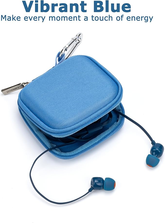Ginsco Mini-Portable Hard Shell Square Earbuds Case for Apple EarPods/Samsung Galaxy Wired/Wireless Earbuds, Cell Phone Accessories Organizer with Carabiner for Earphones (1, Blue)