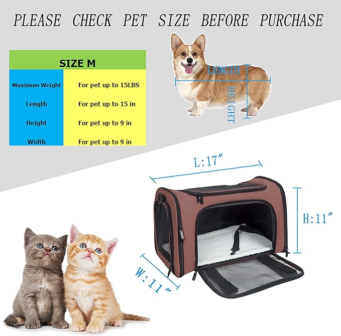 Soft Sided Carrier for Small Medium Cats Dogs,TSA Airline Approved Collapsible Travel Pet Carrier (Medium, Brown)