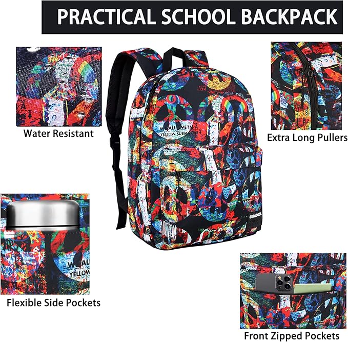 SUPACOOL Casual Laptop Backpack for Men and Women, School Backpack for Boys and Girls, College Bookbag, USB Charging Port, Lightweight Back Pack(Peace)