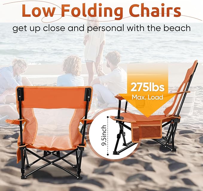 HaSteeL Folding Beach Chair Set of 2, Foldable Orange Camping Chairs for Outside, Low Beach Chair Portable for Adults Fishing, Picnic, Outdoor BBQ, Travel, Sports, Cup Holder & Storage Bag