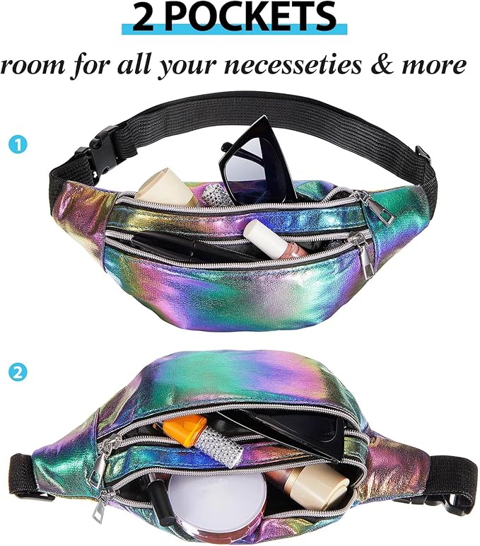 Frienda 2 Pieces Holographic Fanny Pack for Women Colorful Sport Waist Bag Pack